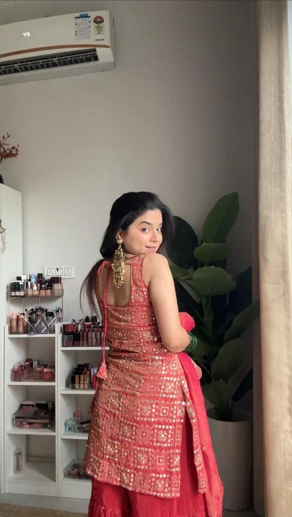 Rust orange mirror work sharara set