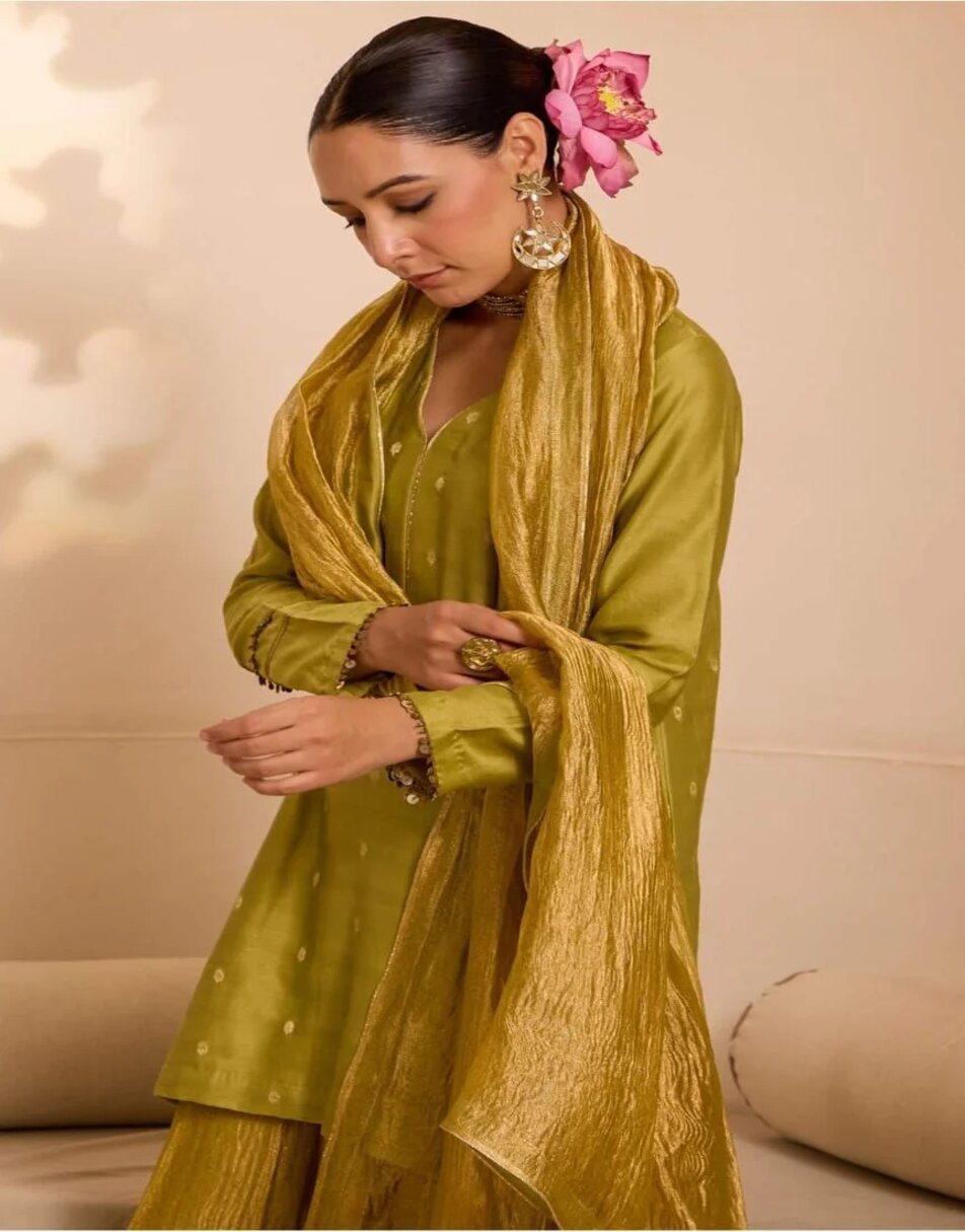 Lime and Mustard yellow tissue silk sharara set