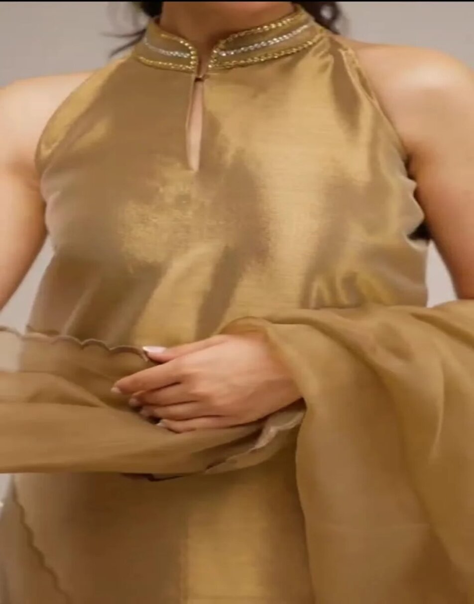 Golden tissue short kurti suit with hand embroidered dupatta