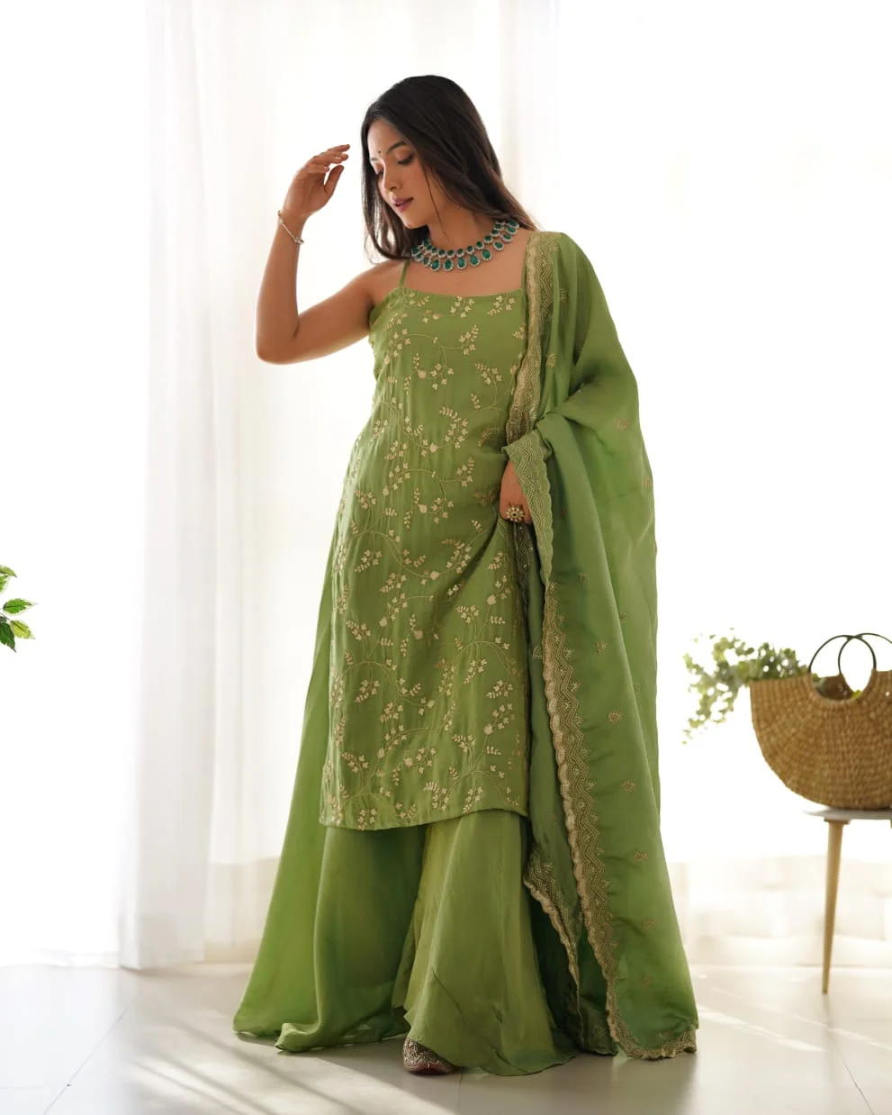 Green Tissue Sharara Set
