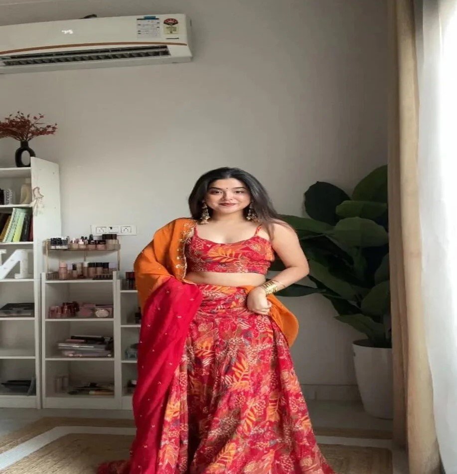 Red and orange floral print lehenga