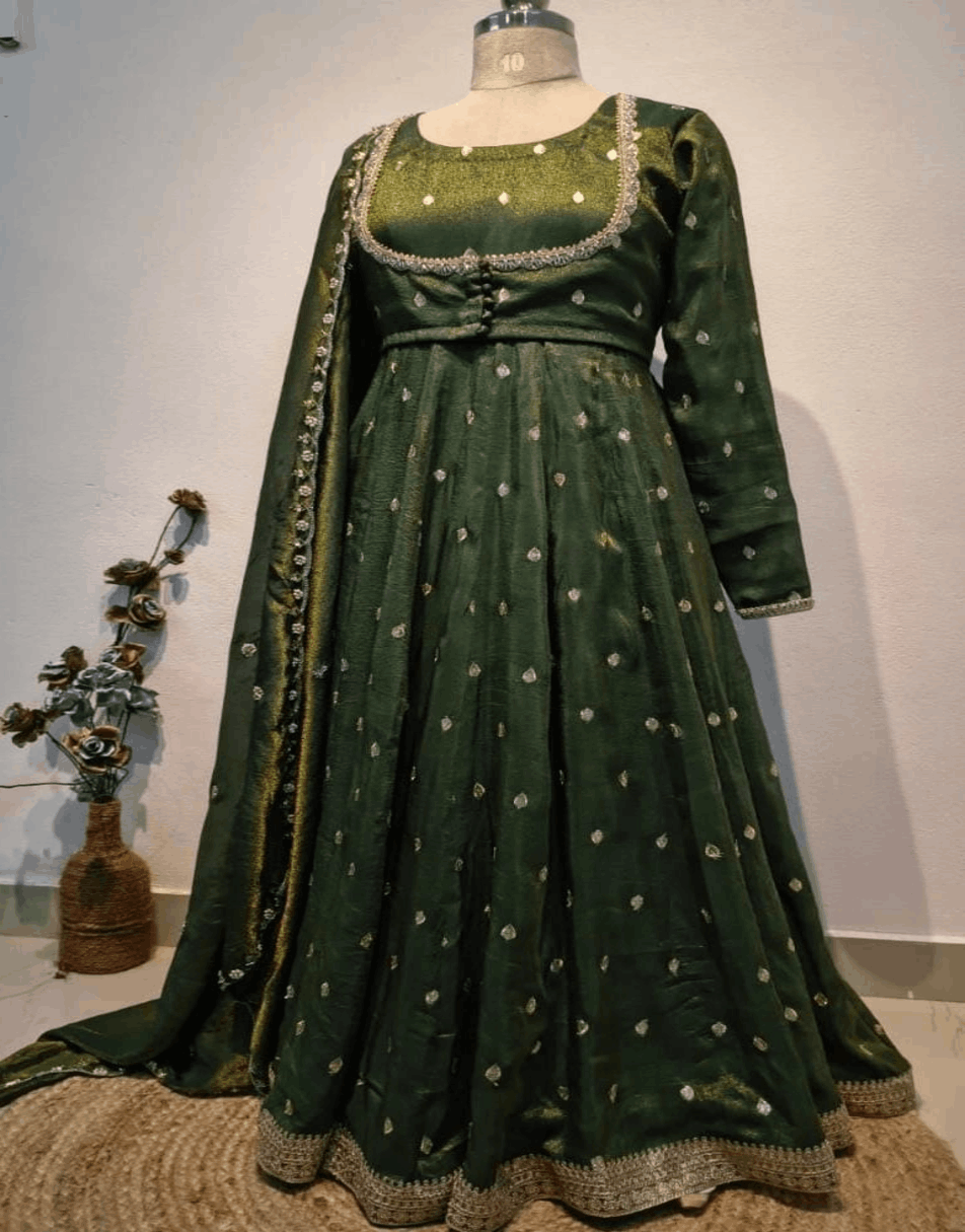 Bottle green jacket style tissue anarkali suit