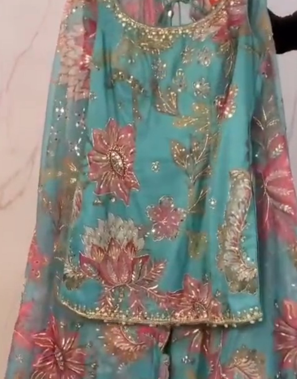 Hand embroidered blue sharara set
